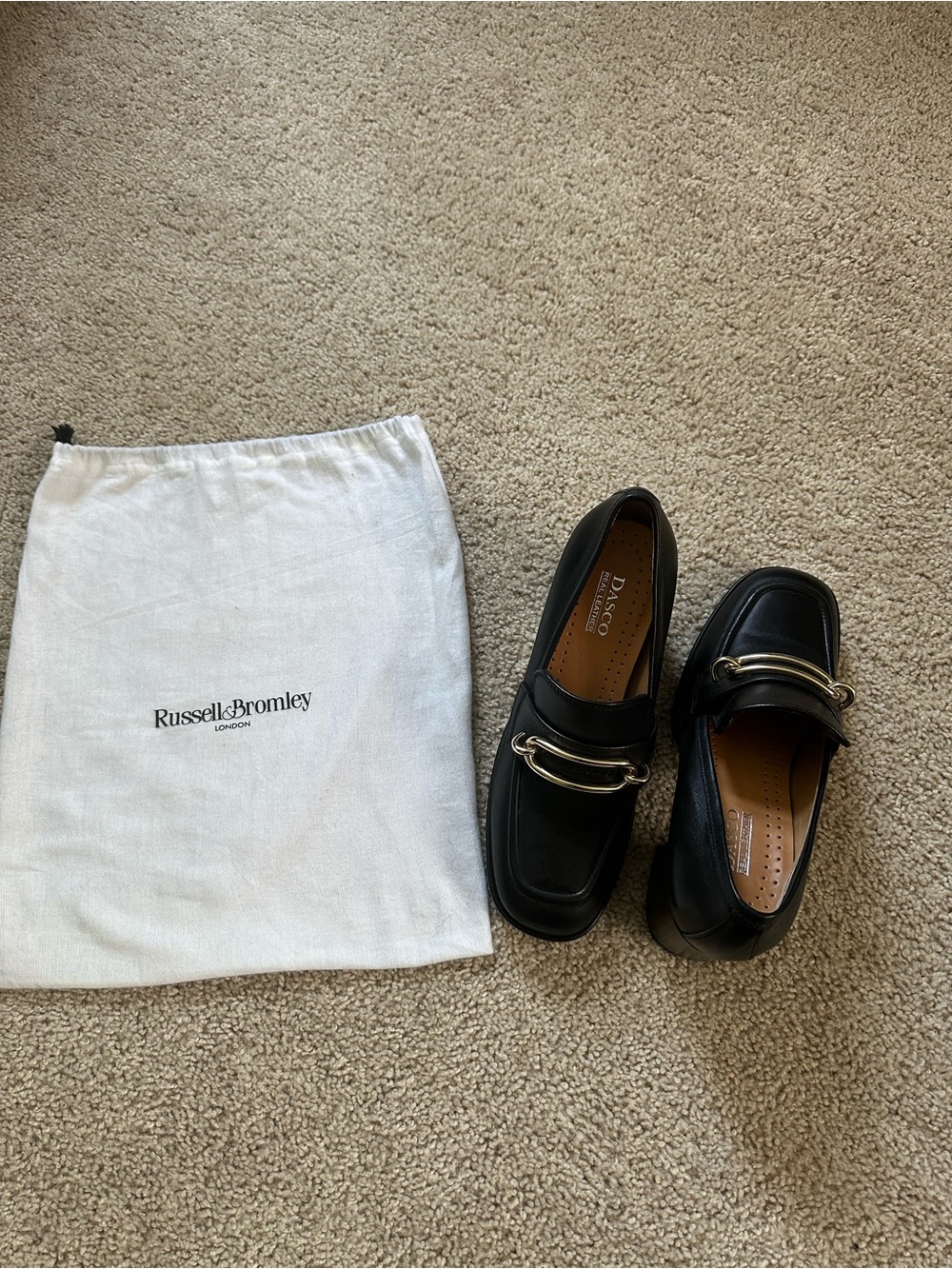Russell & Bromley Black Leather Women's Loafers with Gold Bit
